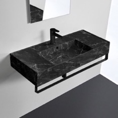 Black Marble Design Ceramic Wall Mounted Sink With Black Marble Design Towel Bar